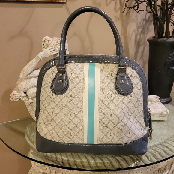 L.A.M.B. by Gwen Stefani Kingston Shadow Bowler Bag Leather Blue Stripe #427 - Picture 13 of 17